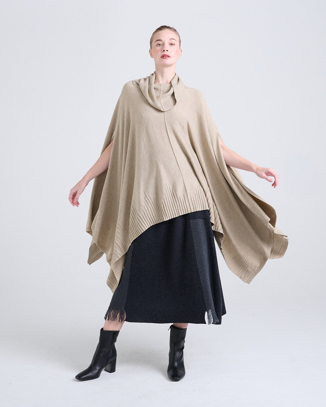 Wool Blend Cowl Neckline Top with Sculptural Hem and Textured Finish