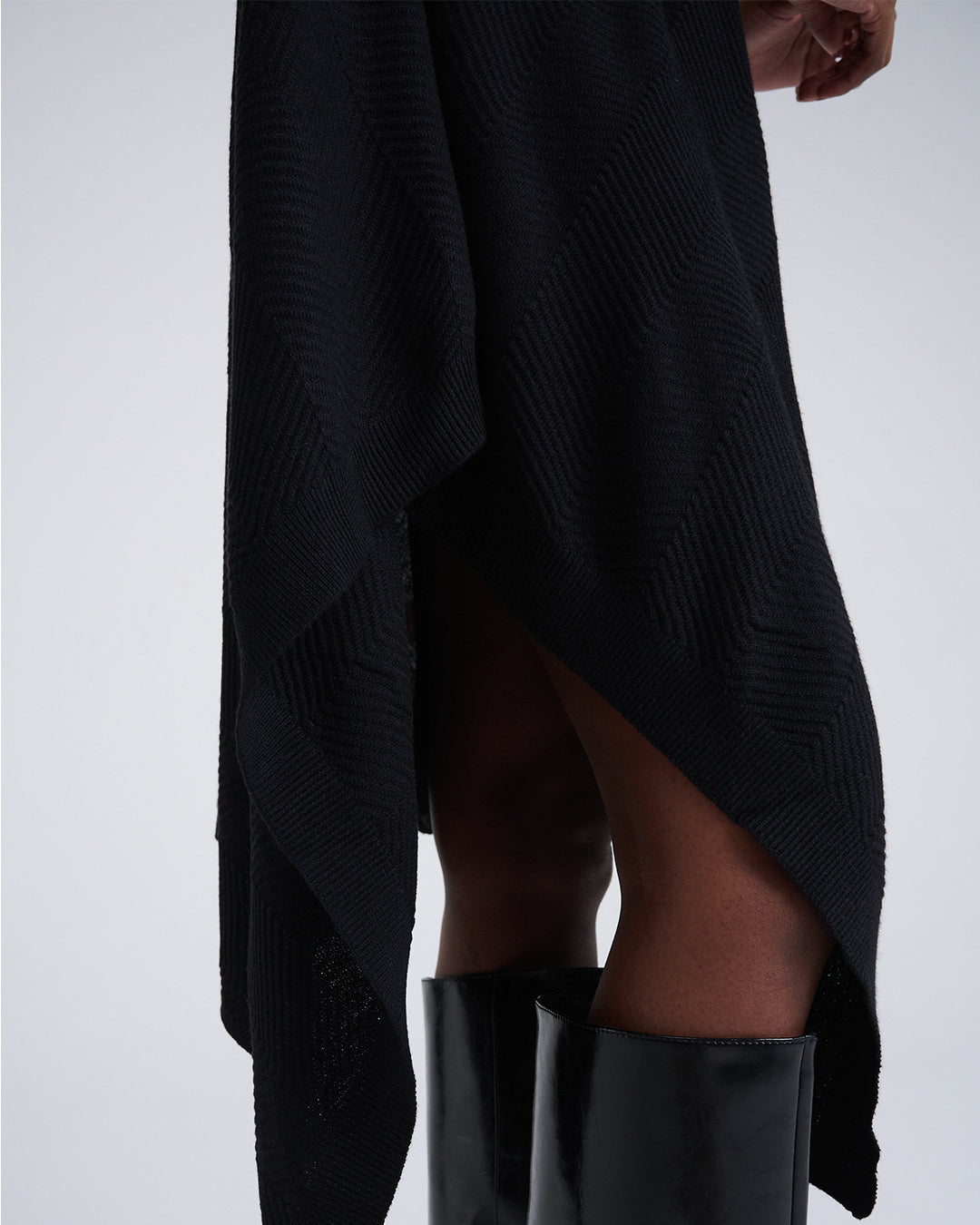 Made to Move, Draped to Flow-Wool Blend Asymmetrical Hem Diagonal Rib Mock Neck Long Sleeve Knit Dress in Black