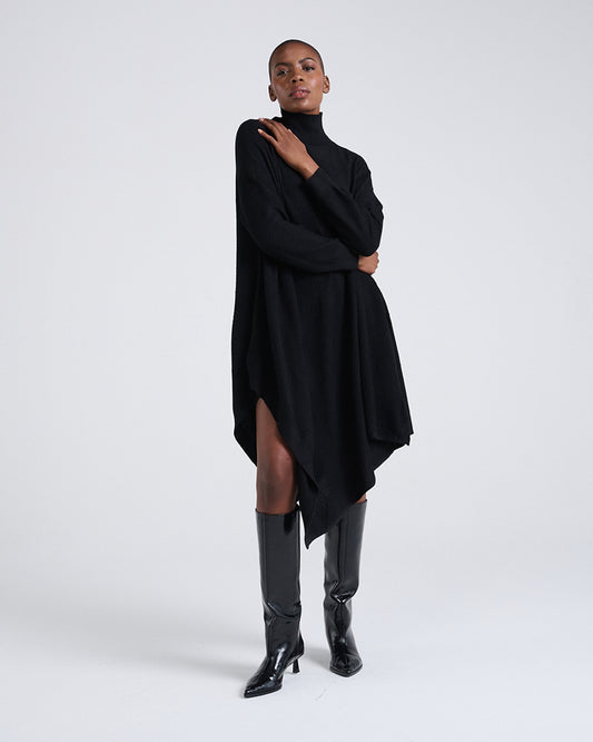 Made to Move, Draped to Flow-Wool Blend Asymmetrical Hem Diagonal Rib Mock Neck Long Sleeve Knit Dress in Black