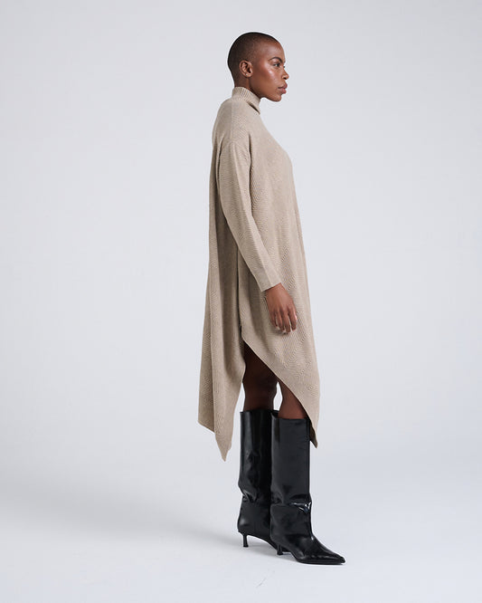 Made to Move, Draped to Flow-Wool Blend Asymmetrical Hem Diagonal Rib Mock Neck Long Sleeve Knit Dress