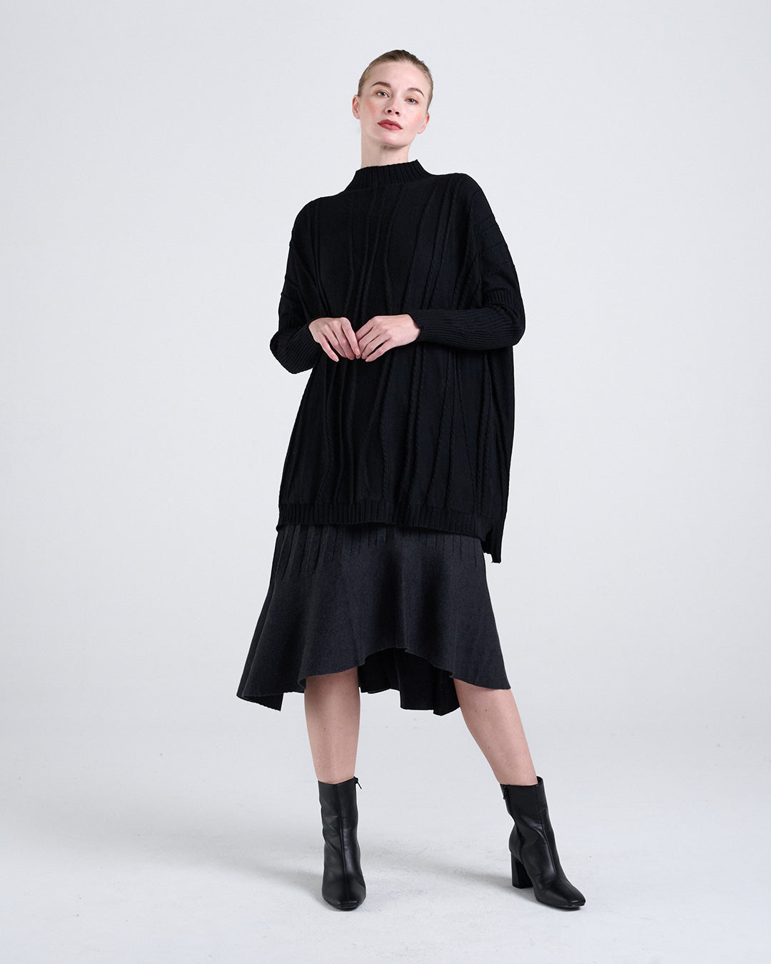 Wool Blend Long Sleeve Knit Top with Vertical Braided Detail