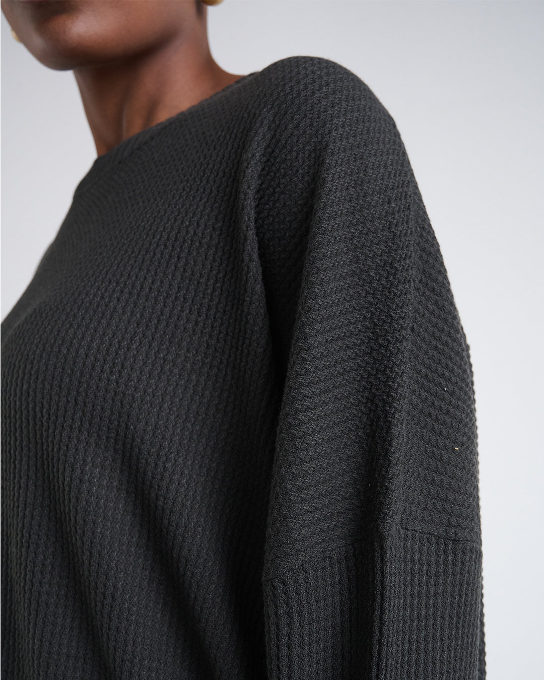 Wool Blend Long Sleeve Top with One-Side Drawstring Hem