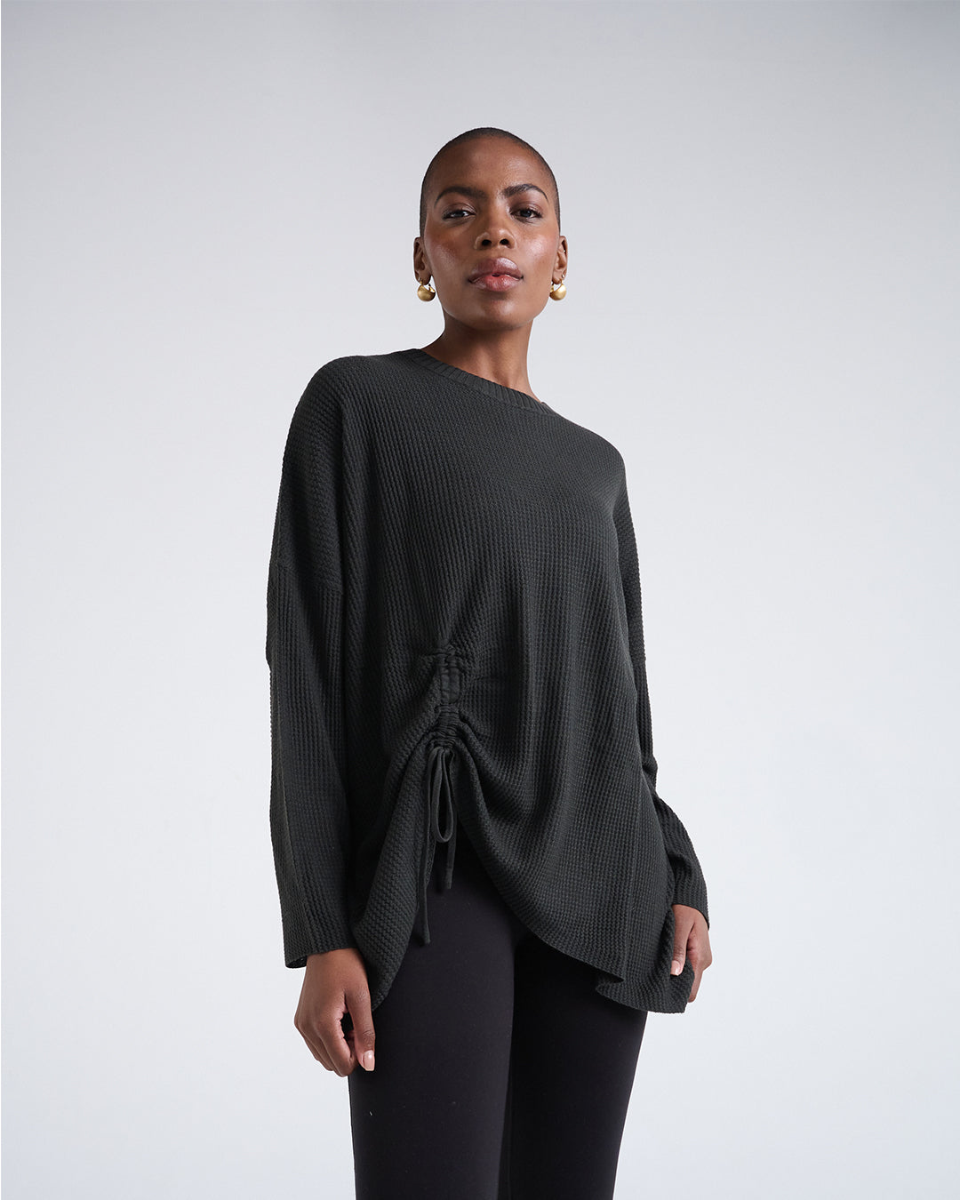 Wool Blend Long Sleeve Top with One-Side Drawstring Hem