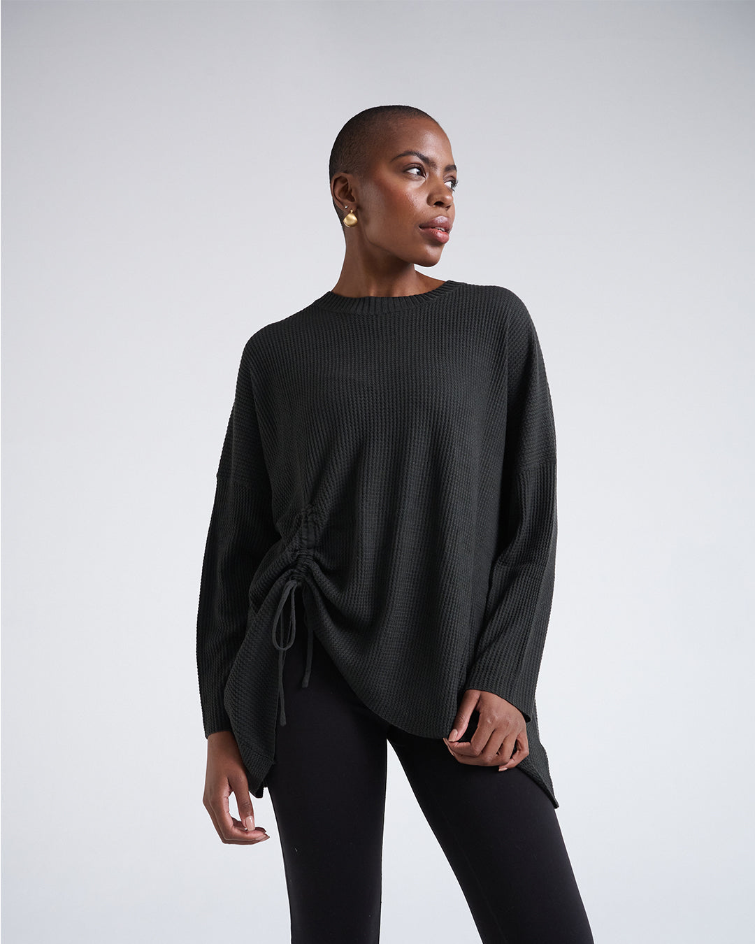 Wool Blend Long Sleeve Top with One-Side Drawstring Hem