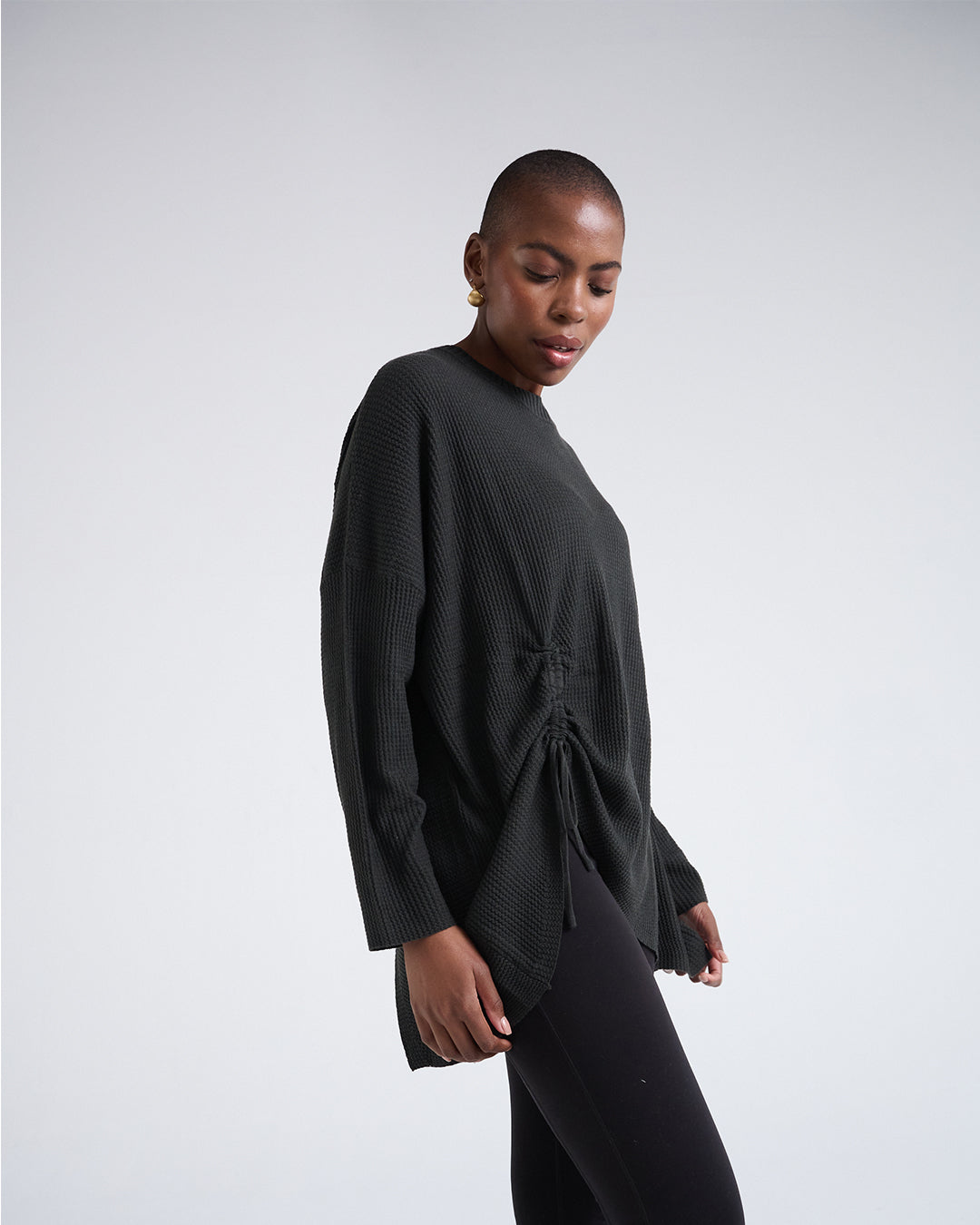 Wool Blend Long Sleeve Top with One-Side Drawstring Hem