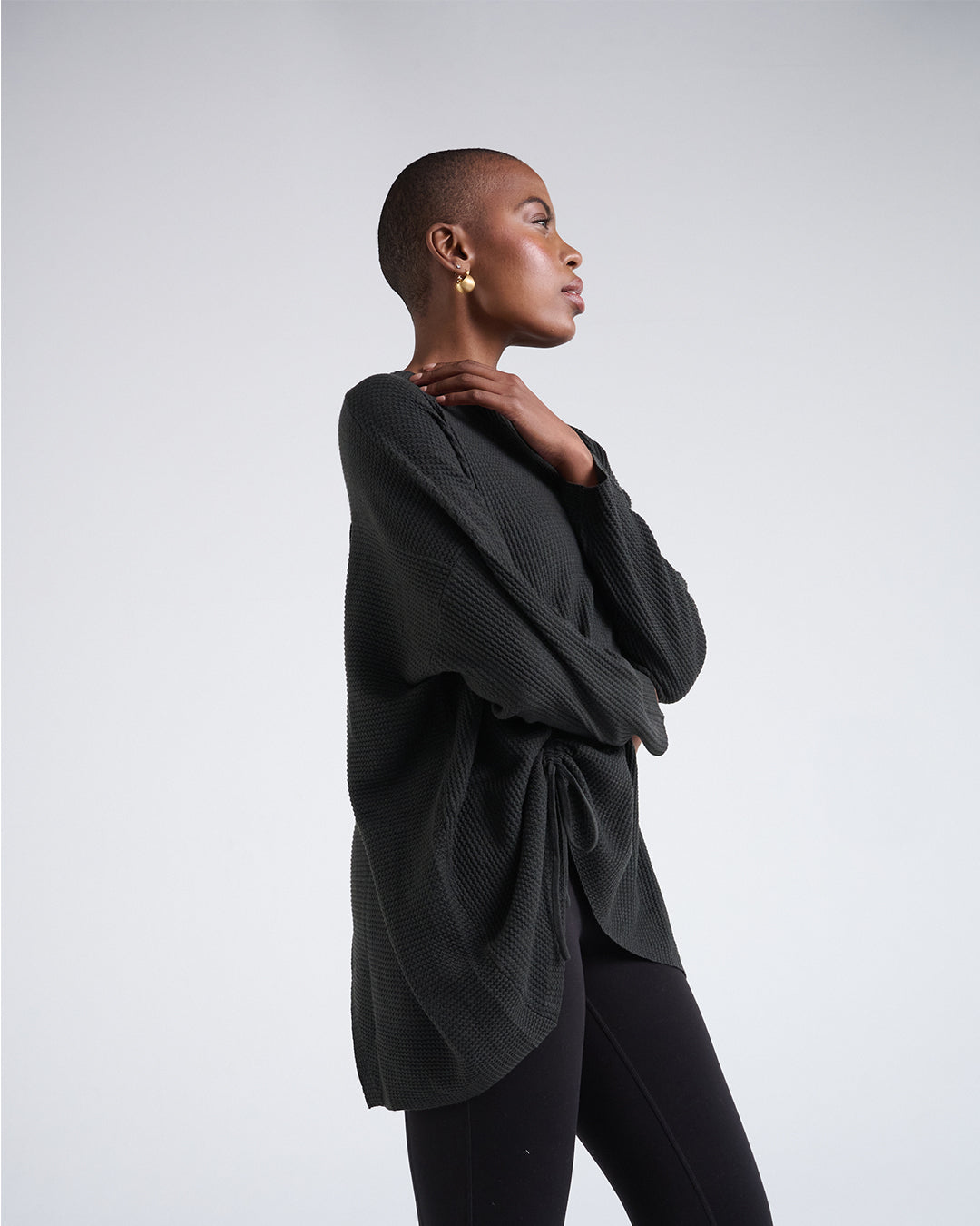 Wool Blend Long Sleeve Top with One-Side Drawstring Hem
