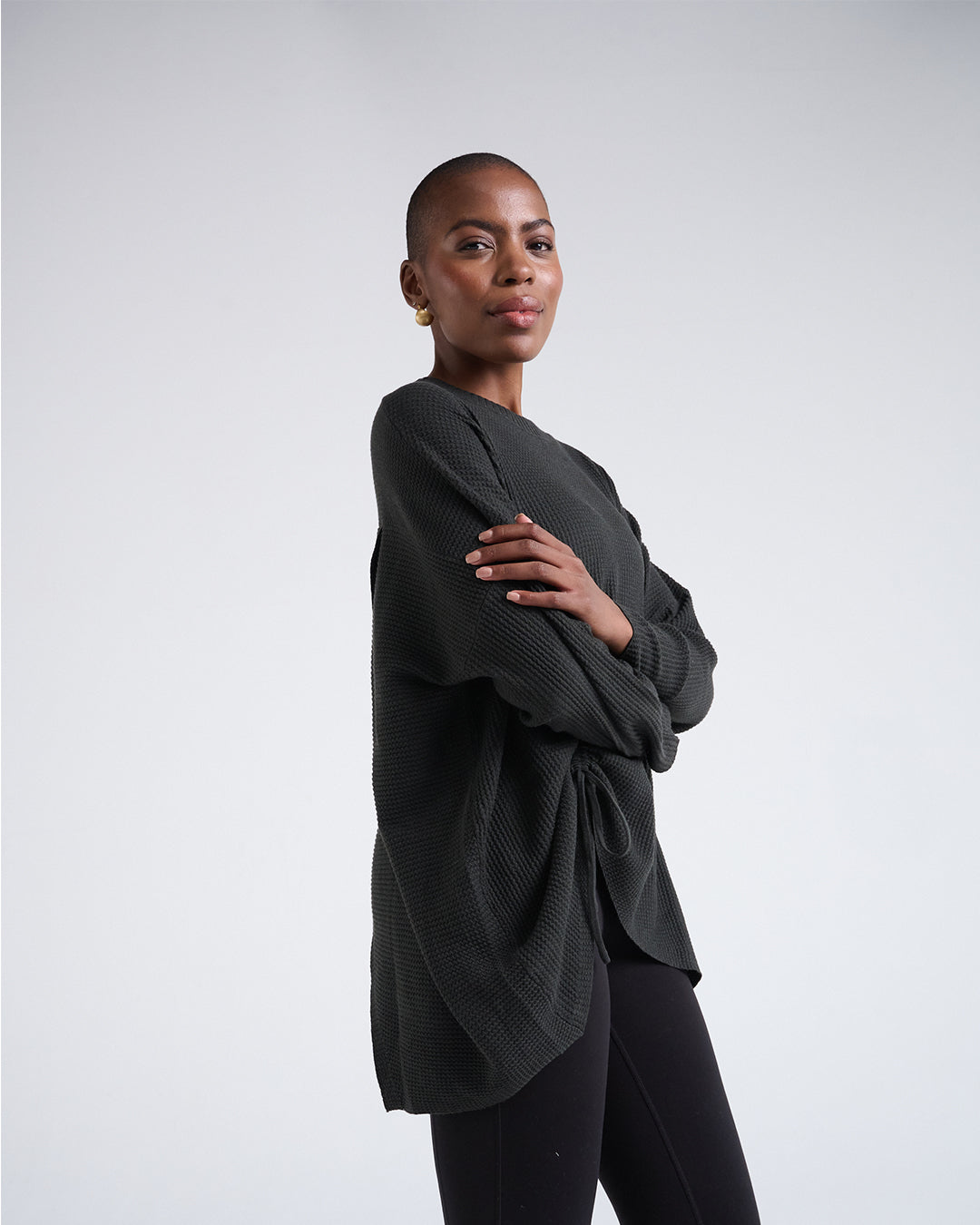 Wool Blend Long Sleeve Top with One-Side Drawstring Hem