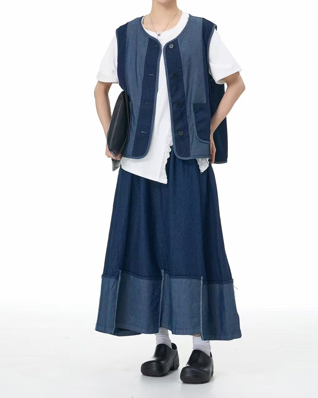 Denim Patchwork Midi Skirt