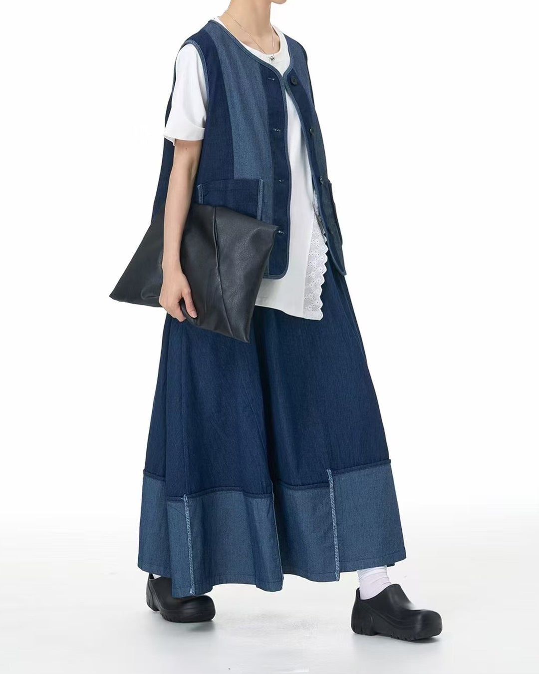 Denim Patchwork Midi Skirt