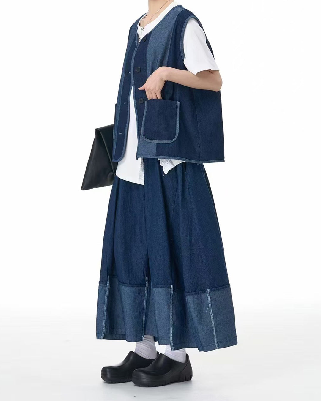 Denim Patchwork Midi Skirt