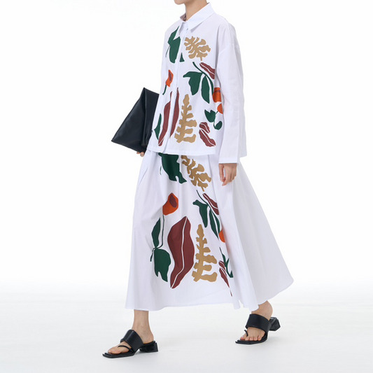 Cotton Long-Sleeve Shirt with Modern Botanical Print and Patch Pockets Matching Skirt
