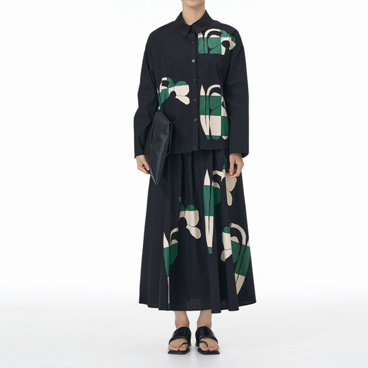 Artistic Mosaic Floral Print Long Sleeves Cotton Shirt Matching Skirt Available