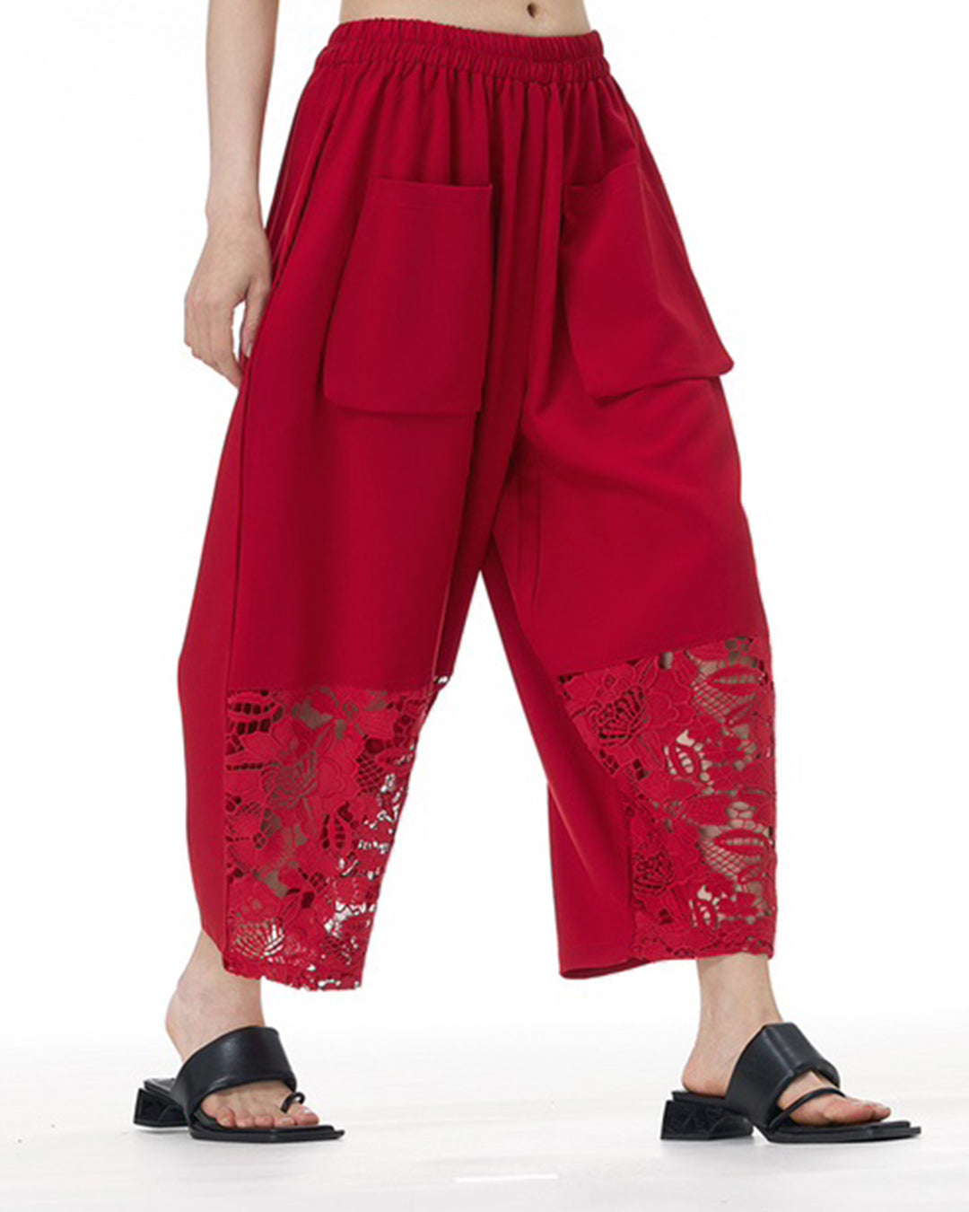 Lace Panel Dual-Pocket Tapered Pants
