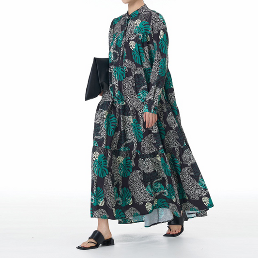 Leopard and Botanical Print Long-Sleeve Tiered Maxi Dress