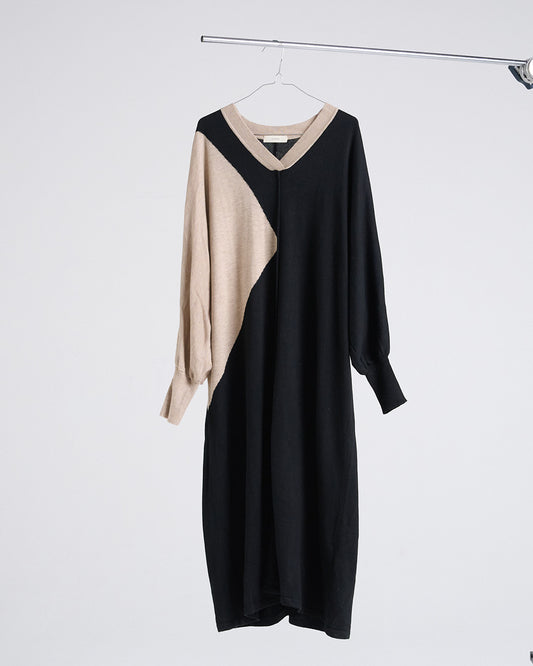 Wool Blend Colour block V-Neck Long Sleeve Dress