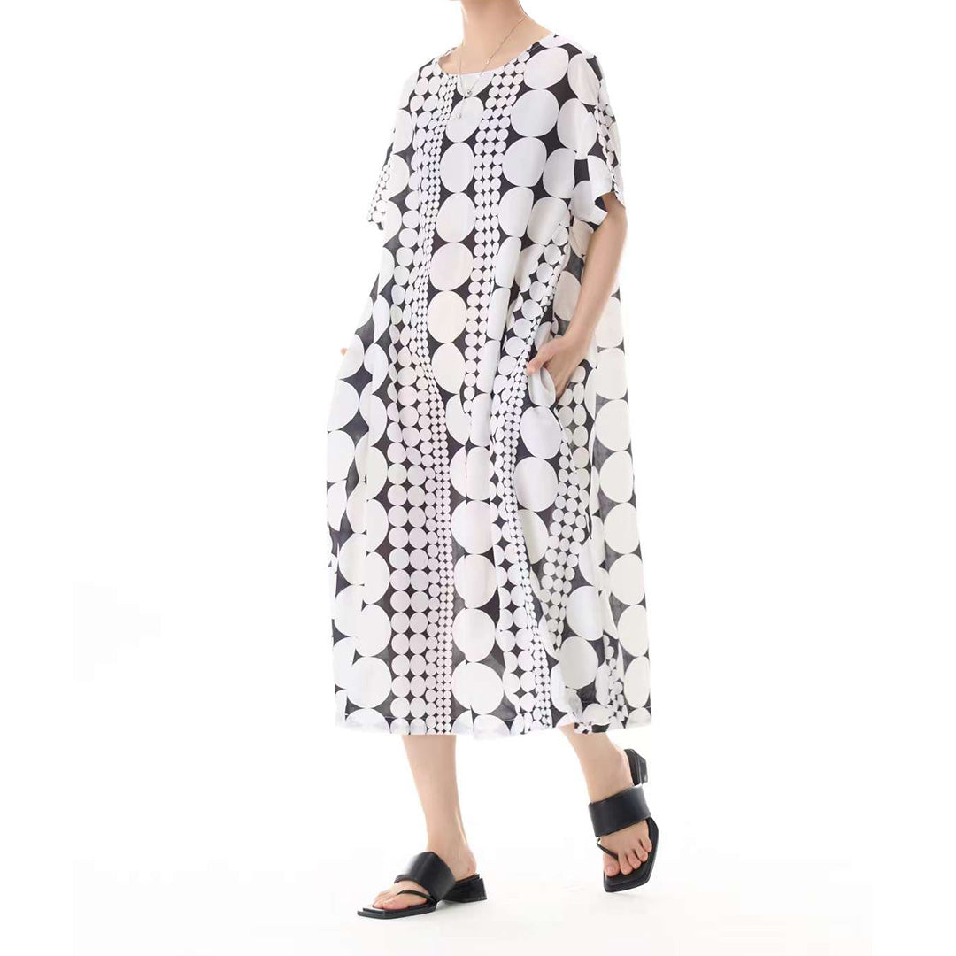 In Stock Groups of Dots Pattern Loose Fit Cotton Shirt Dress
