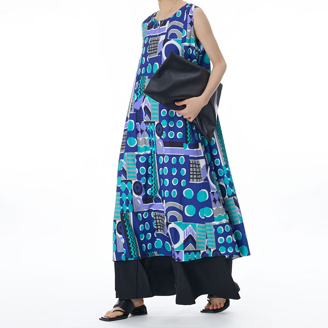Colourful Geometry Pattern Sleeveless Loose Fit Dress Available in Two Colours