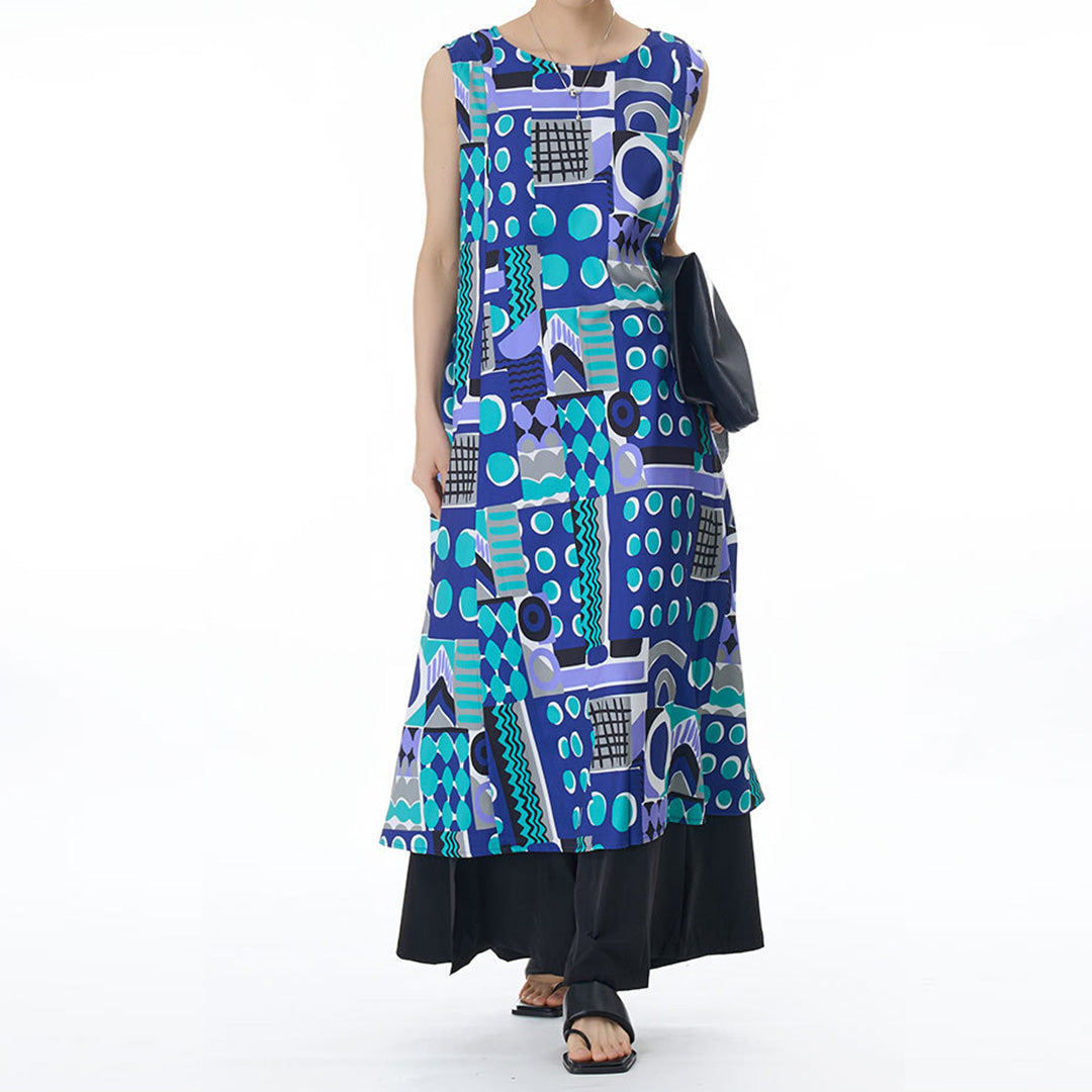Colourful Geometry Pattern Sleeveless Loose Fit Dress Available in Two Colours