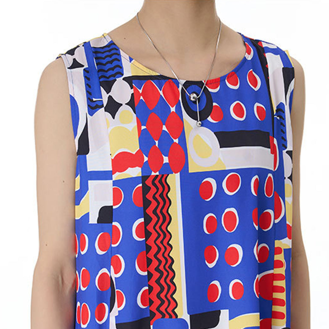 Colourful Geometry Pattern Sleeveless Loose Fit Dress Available in Two Colours