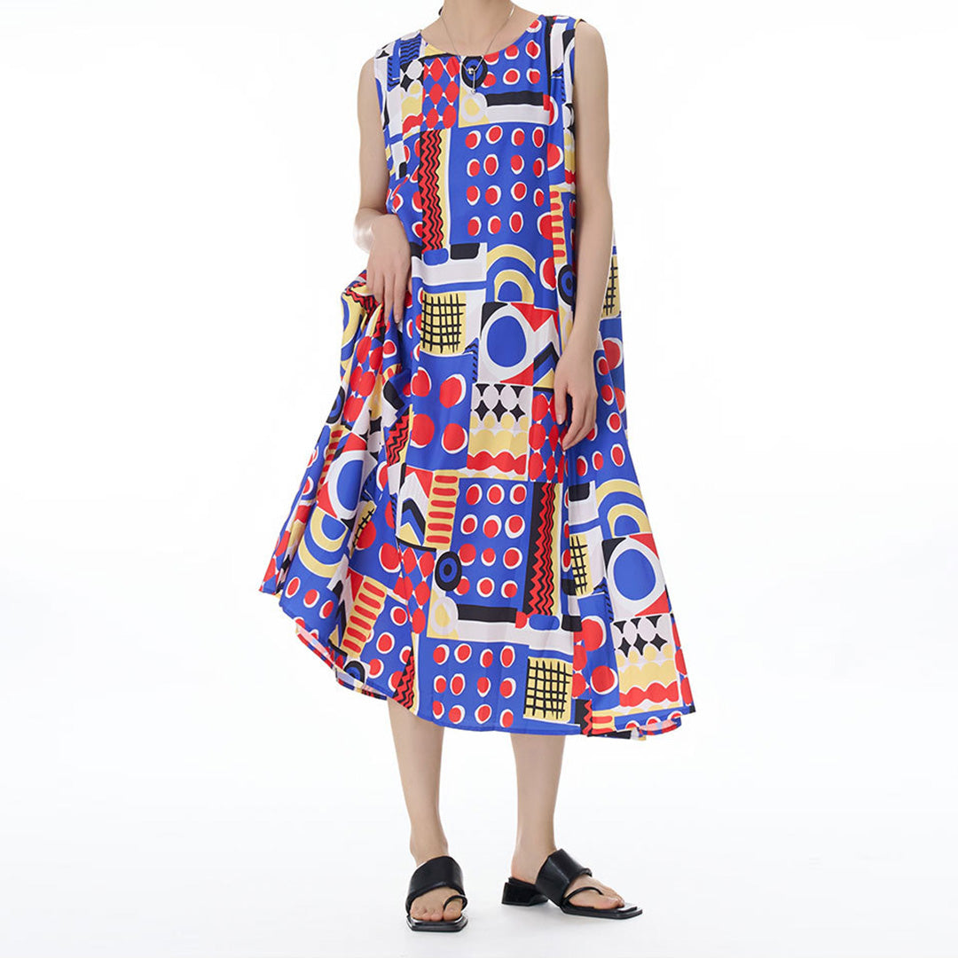 Colourful Geometry Pattern Sleeveless Loose Fit Dress Available in Two Colours