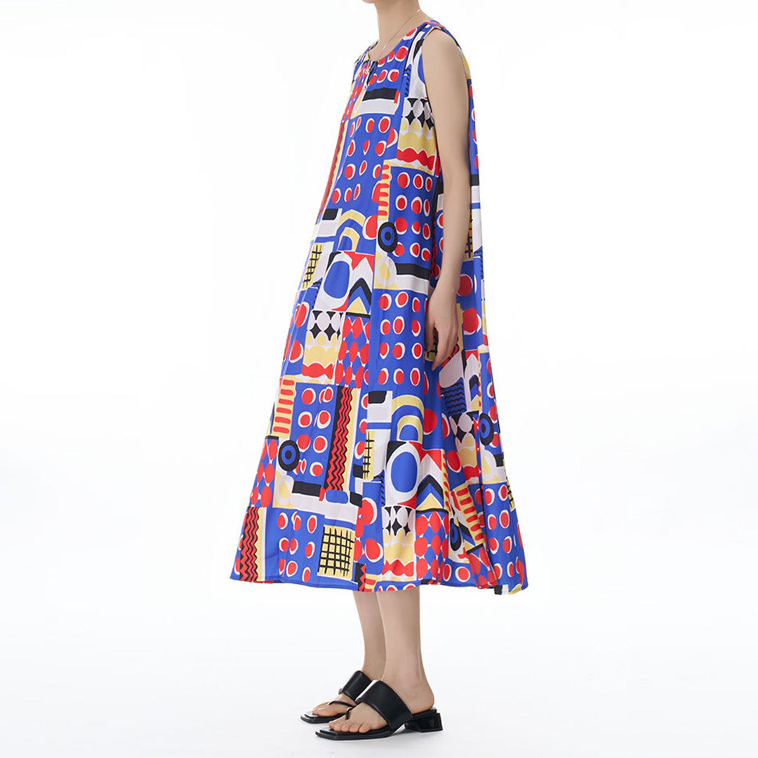 Colourful Geometry Pattern Sleeveless Loose Fit Dress Available in Two Colours
