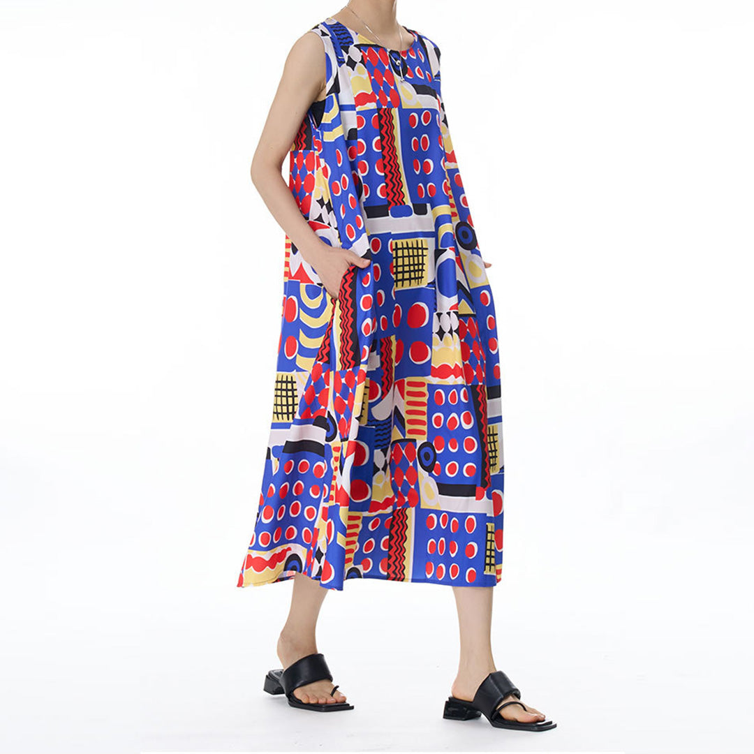 Colourful Geometry Pattern Sleeveless Loose Fit Dress Available in Two Colours