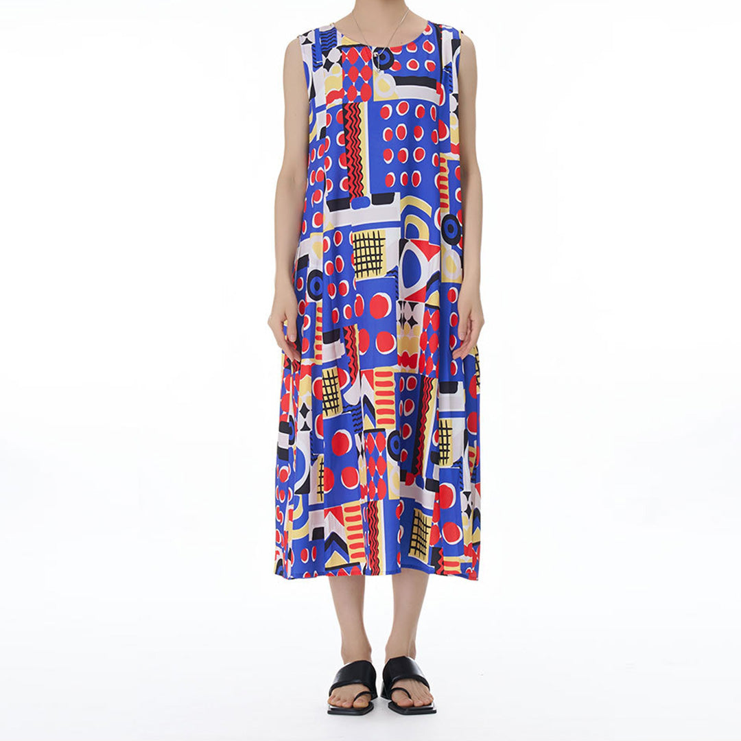Colourful Geometry Pattern Sleeveless Loose Fit Dress Available in Two Colours
