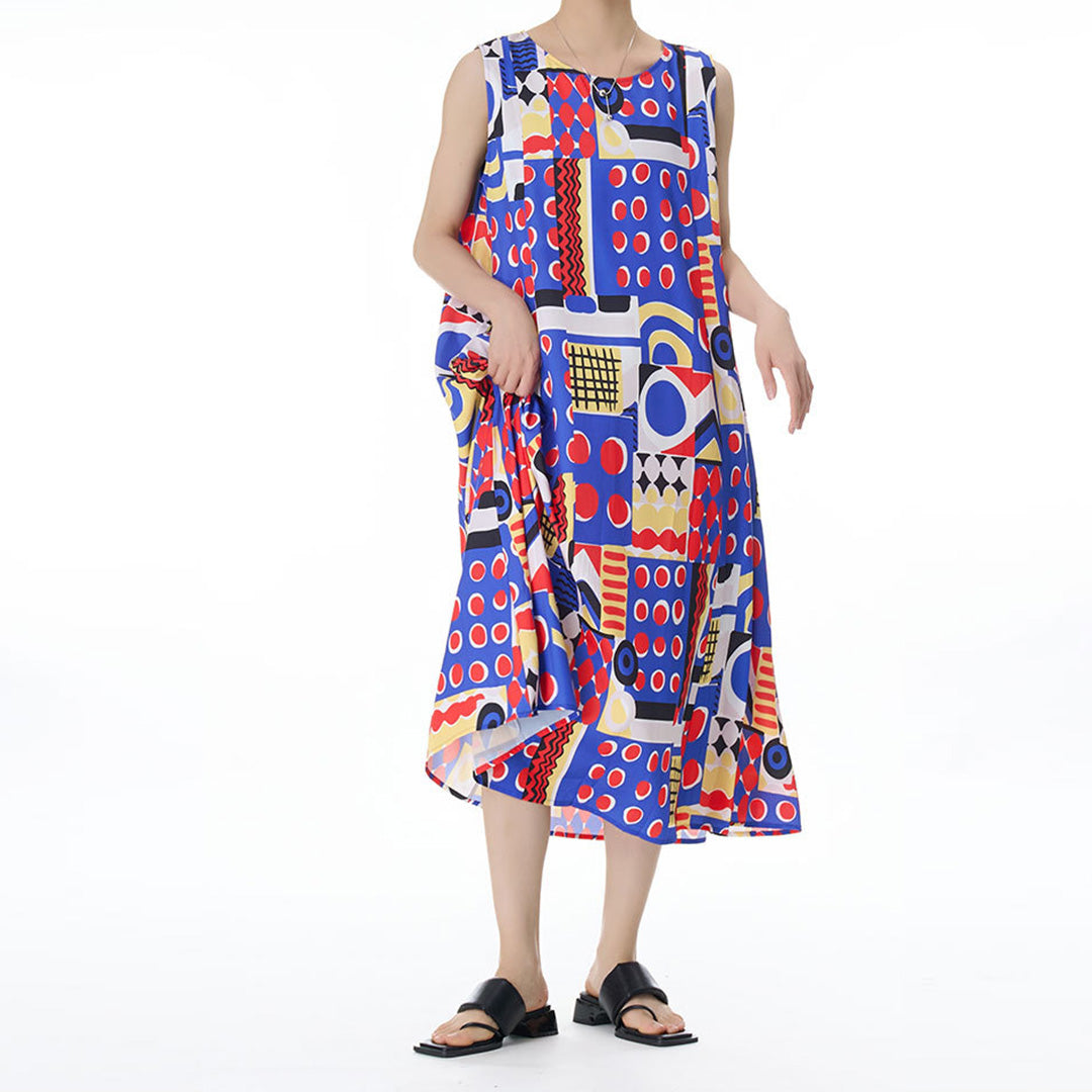 Colourful Geometry Pattern Sleeveless Loose Fit Dress Available in Two Colours