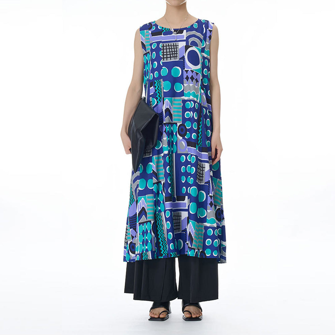 Colourful Geometry Pattern Sleeveless Loose Fit Dress Available in Two Colours