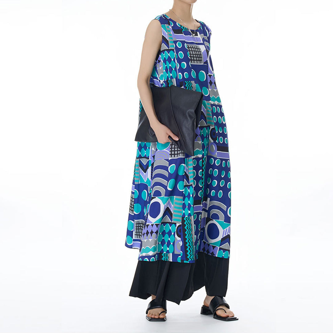 Colourful Geometry Pattern Sleeveless Loose Fit Dress Available in Two Colours
