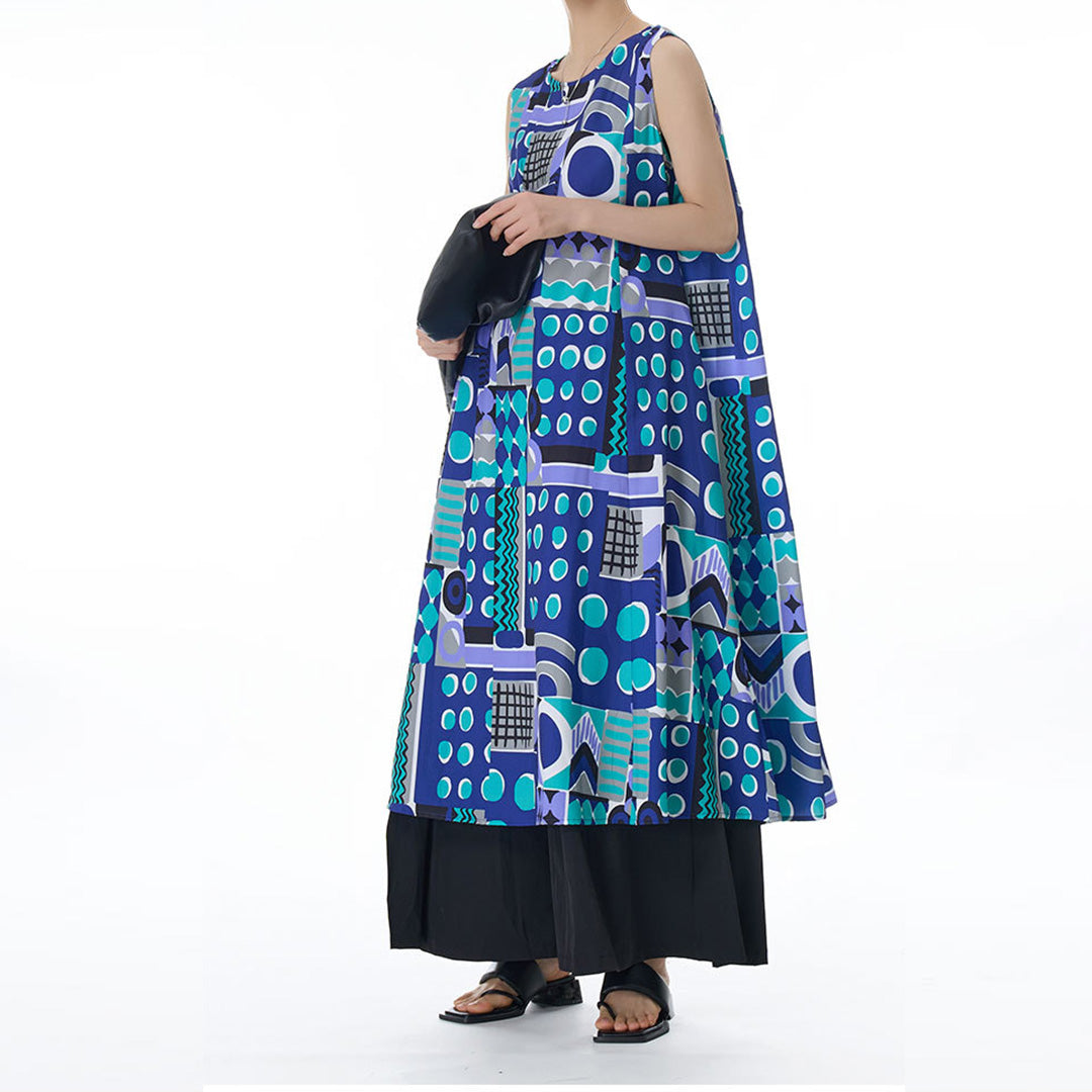 Colourful Geometry Pattern Sleeveless Loose Fit Dress Available in Two Colours