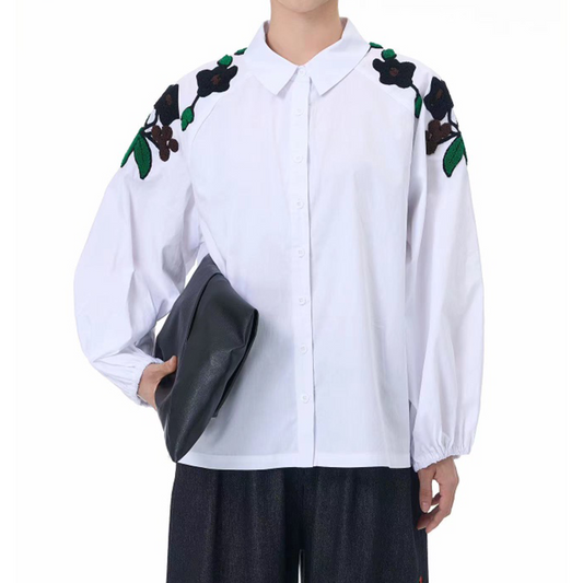 Shoulder-Embroidered Shirt with Floral Motif
