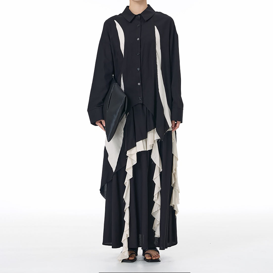 Designer Cotton-Linen Shirt and Skirt with Contrasting Ruffled Hem