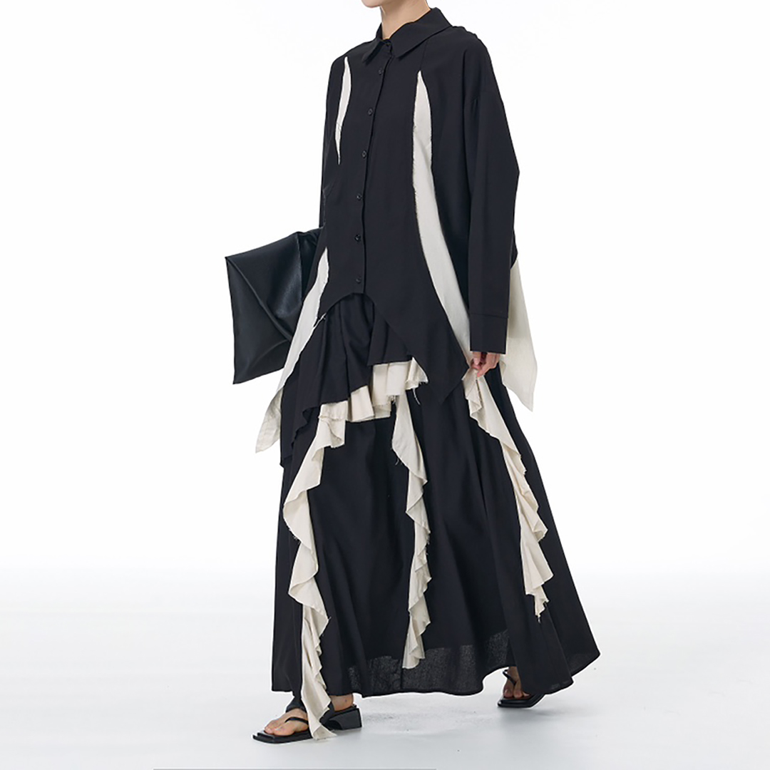 Designer Cotton-Linen Shirt and Skirt with Contrasting Ruffled Hem