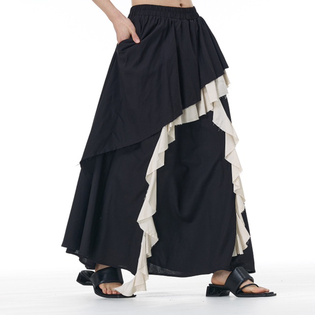 Designer Cotton-Linen Shirt and Skirt with Contrasting Ruffled Hem