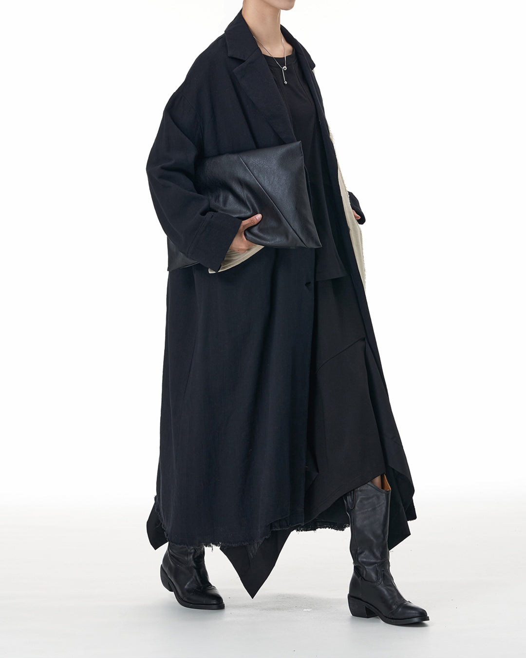 Black and Beige Asymmetric Linen Long Coat
