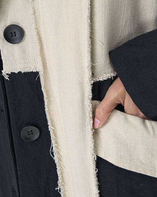 Black and Beige Asymmetric Linen Long Coat