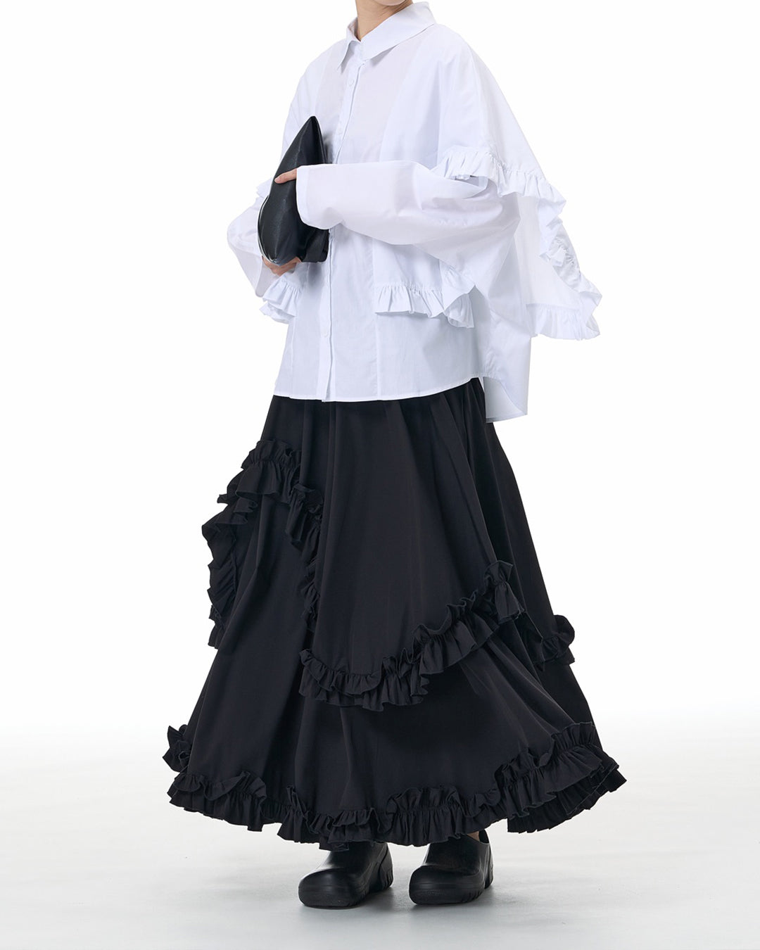 Elegant Ruffle-Trim Cotton Long-Sleeve Shirt