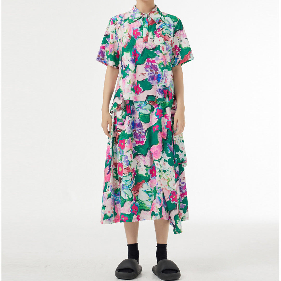Artistic Abstract Floral Print Irregular Skirt Matching Shirt Available
