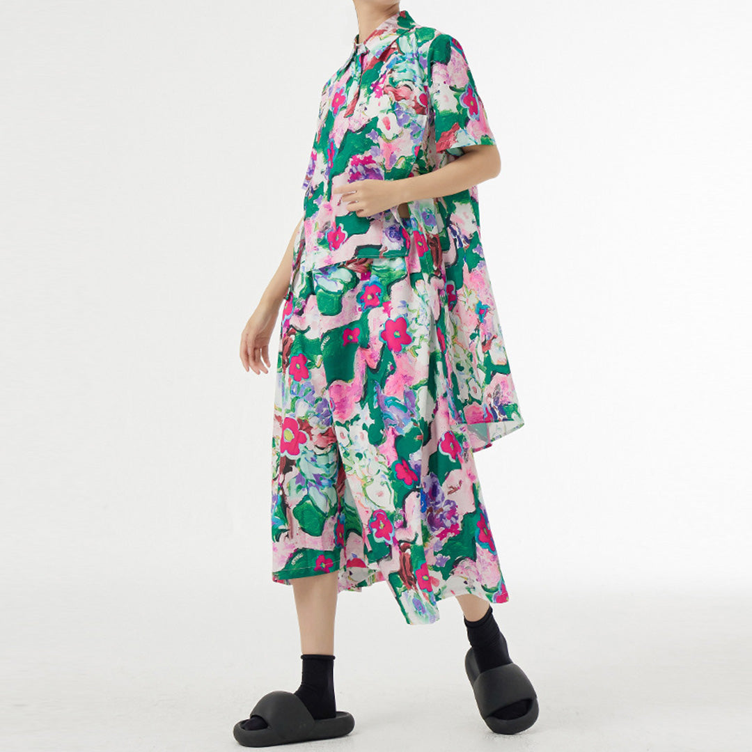 Artistic Abstract Floral Print Irregular Skirt Matching Shirt Available
