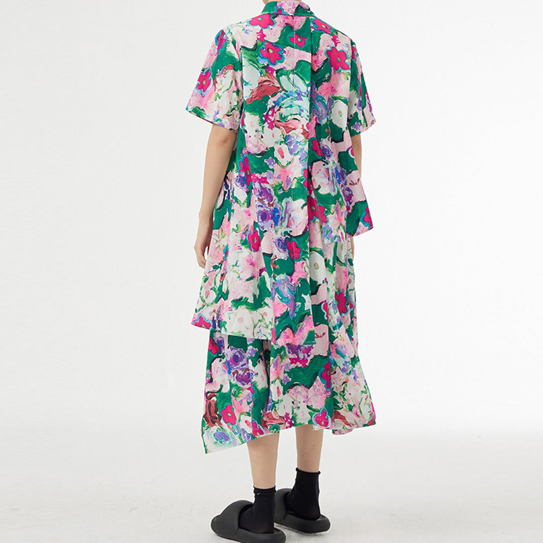 Artistic Abstract Floral Print Irregular Skirt Matching Shirt Available