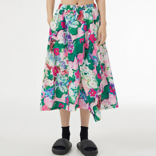 Artistic Abstract Floral Print Irregular Skirt Matching Shirt Available