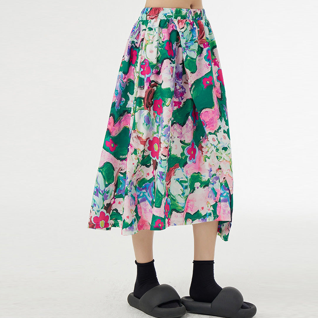 Artistic Abstract Floral Print Irregular Skirt Matching Shirt Available