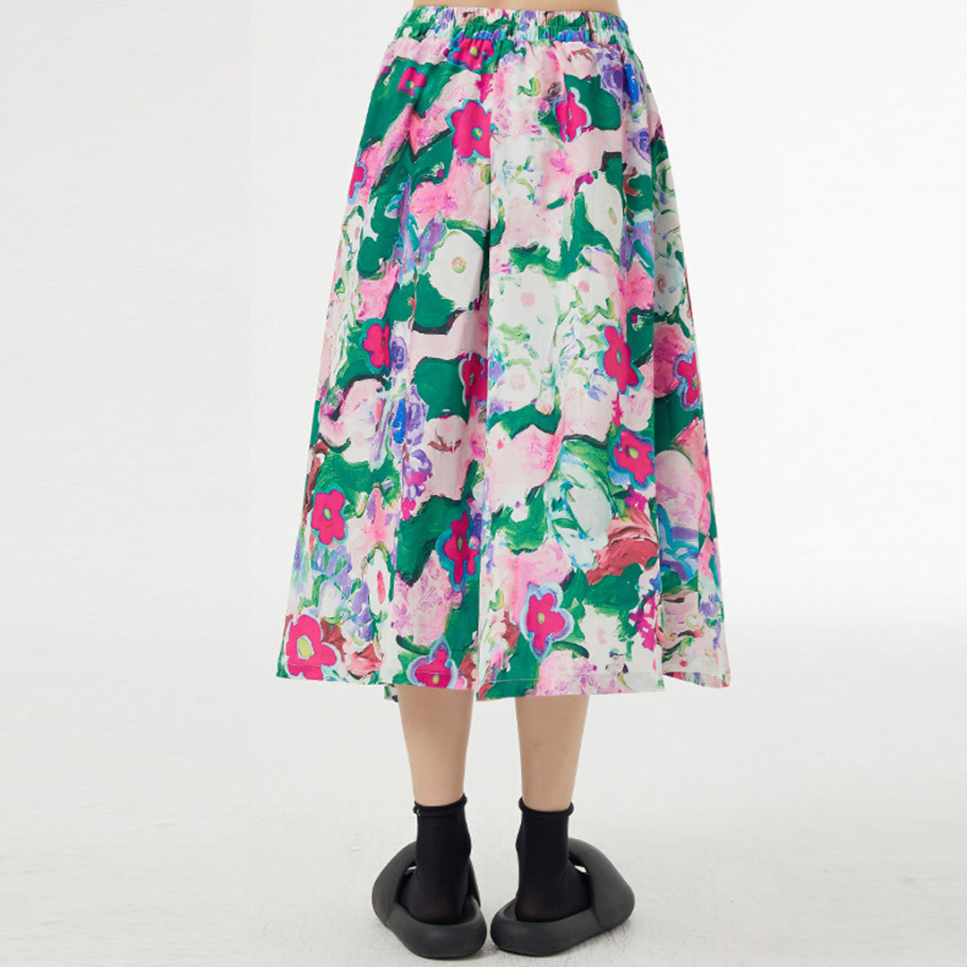 Artistic Abstract Floral Print Irregular Skirt Matching Shirt Available