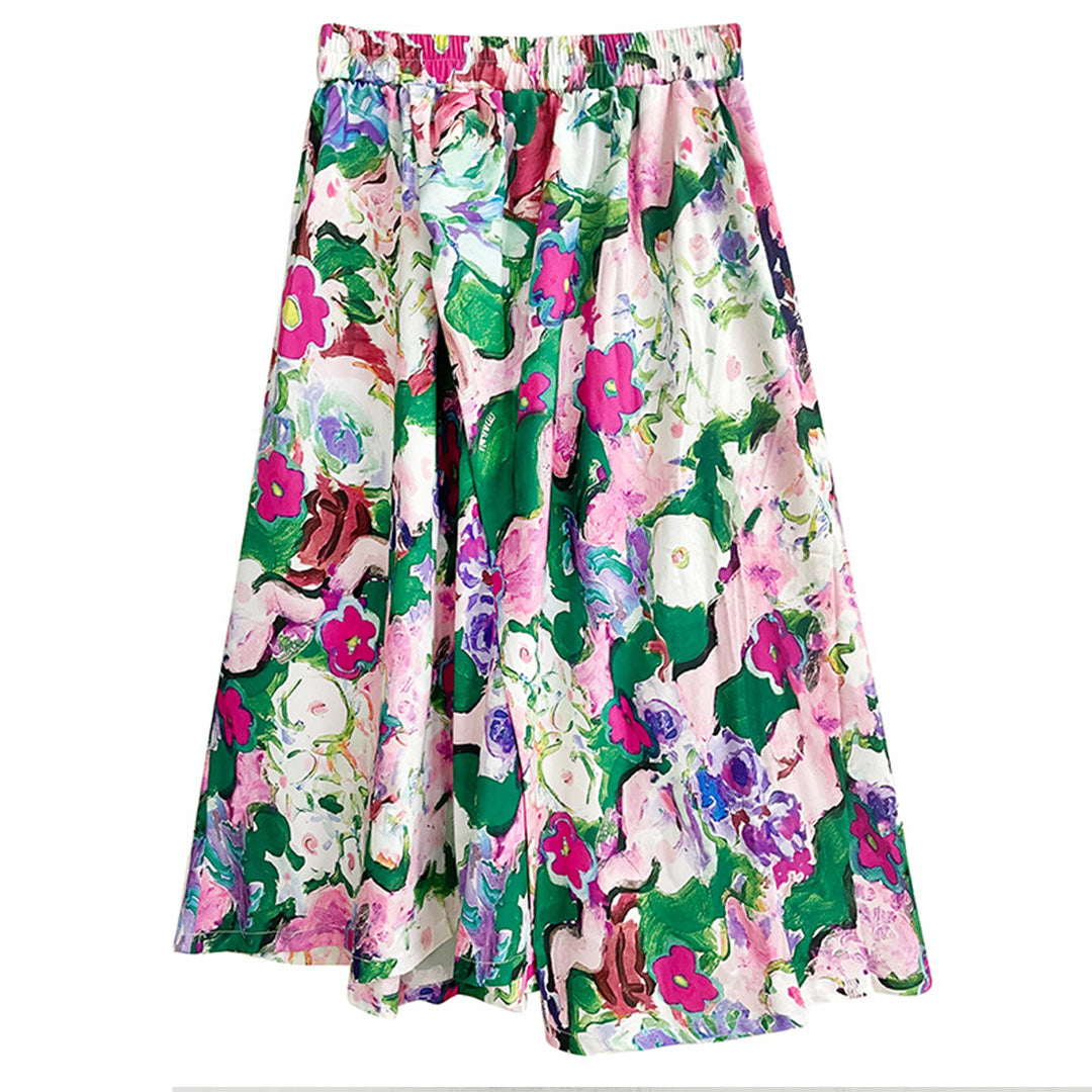 Artistic Abstract Floral Print Irregular Skirt Matching Shirt Available