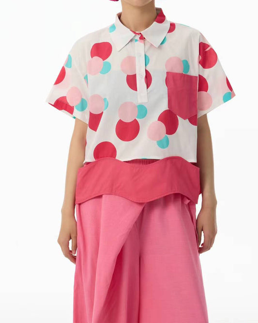 Wavy Hem Cutout Colourful Dot Print Cotton Shirt