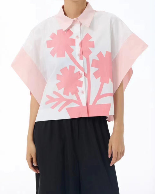 Pot Plant Print Short Sleeves Shirt Available in Pink and Green