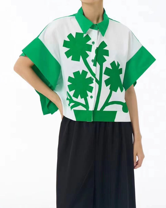 Pot Plant Print Short Sleeves Shirt Available in Pink and Green