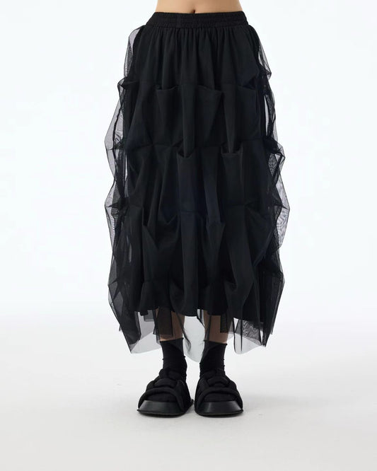 Luxe Mesh Tulle Midi Skirt with 3D Pleats