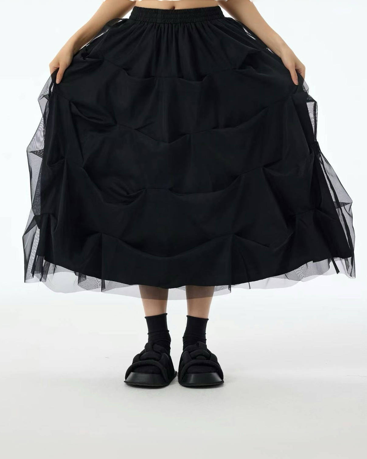 Luxe Mesh Tulle Midi Skirt with 3D Pleats